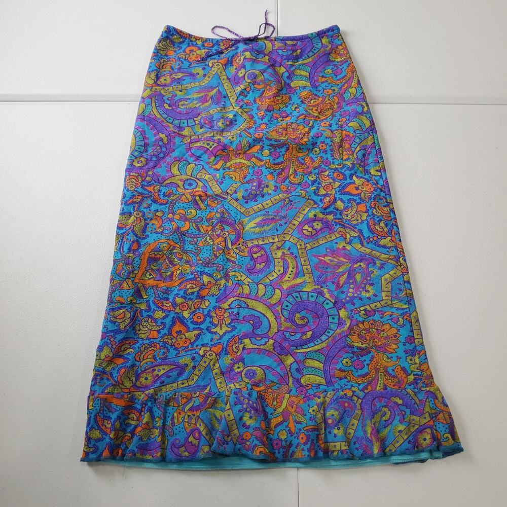 Y2K Zara Skirt Womens Medium Blue Multicolor Paisley Lettuce Hem Fairy Grunge